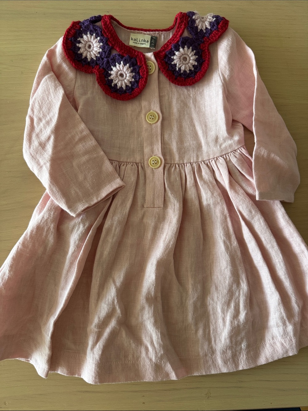 Kalinka Pink Girls' Long-Sleeve Dress with Crochet Collar